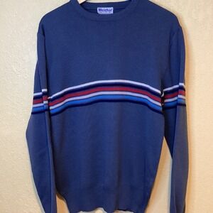 Vintage Meister slate blue sweater, stripes on chest, 100% new wool, men's Large